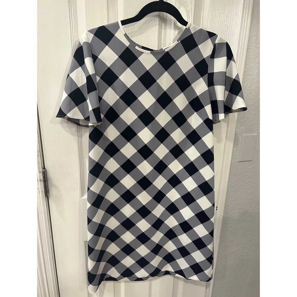 Ann Taylor Shift Dress Navy Grey White Gingham Plaid Flutter Sleeve Office Wear
